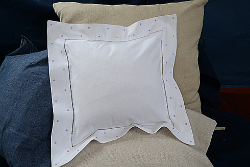 Hemstitch Square Baby Pillow 12x12" Lavender color Polka Dots - Click Image to Close